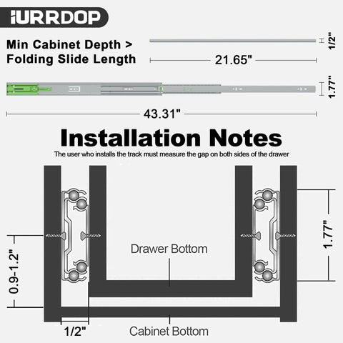 Technical diagram for 22 Inch Soft Close Drawer Slides Side Mount Full Extension 3 Fold Ball Bearing Runners installation.