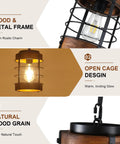 Black Farmhouse Pendant Lights for Kitchen Island, 1-Light Metal Cage Rustic Wood Pendant Light Fixtures showcasing wood and metal frame.