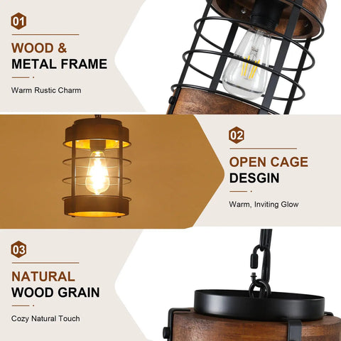 Black Farmhouse Pendant Lights for Kitchen Island, 1-Light Metal Cage Rustic Wood Pendant Light Fixtures showcasing wood and metal frame.
