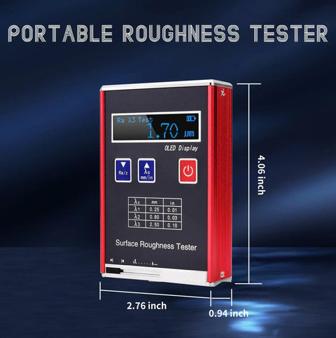 Surface Roughness Tester KR110 Pro Profilometer, compact design, OLED display, shown with measurements, red durable EMI-resistant body.