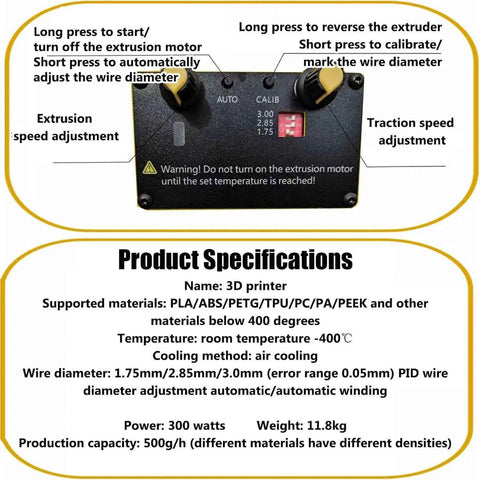 Slick Desktop 3D Printer Filament Extruder And Recycling Rig control panel with temperature and speed adjustment knobs.
