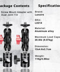 Lanxire 1/4 inch screw mount adapters (2-pack) with dual joint tilt, black aluminum, red knobs, front view