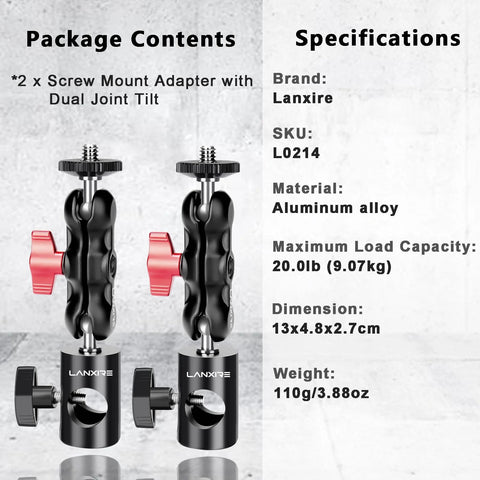 Lanxire 1/4 inch screw mount adapters (2-pack) with dual joint tilt, black aluminum, red knobs, front view