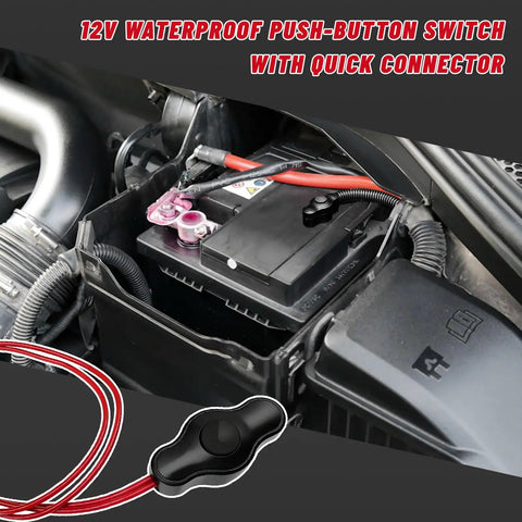 Engine bay with 12V Waterproof Push Button Switch With Quick Connector for LED Accent Lighting, attached to car battery.