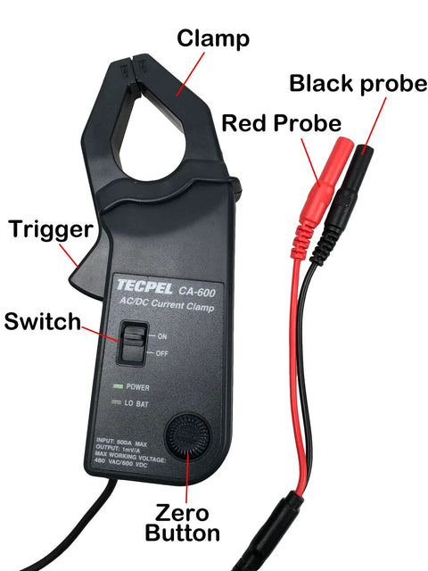 AC DC Current Clamp Transmitter Probe 600A for DMM, 30mm Jaw, 1 mV Per A DC Output with red and black probes