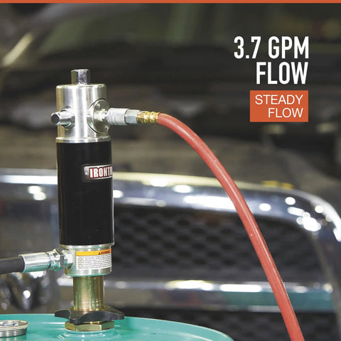 Heavy Duty Pneumatic Oil Pump Kit With 50 Foot Retractable Air Hose Reel 3.7 GPM showing steady flow and hose connection.