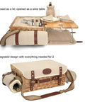 Wicker Picnic Basket Set For Two With Insulated Cooler, Detachable Table Lid, Blanket And Full Tableware shown open and closed.