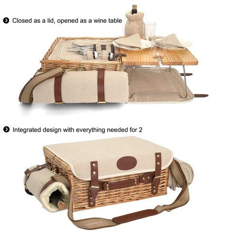 Wicker Picnic Basket Set For Two With Insulated Cooler, Detachable Table Lid, Blanket And Full Tableware shown open and closed.