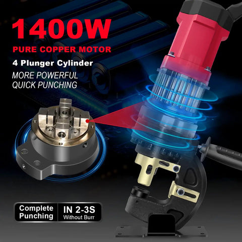 Beast Mode 22 Ton Electric Hydraulic Hole Puncher for Metal with 1400W motor and five dies, showcasing quick punching capabilities.