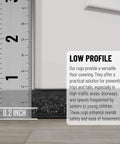 Close-up of low-profile non-slip rug with scrape rib pile, black color, measures 2 ft by 12 ft for indoor and outdoor use.