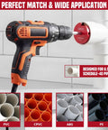 Drill using PVC Pipe Reamer Kit for Sch 40 CPVC ABS, lightweight aluminum fitting saver on PVC pipe.