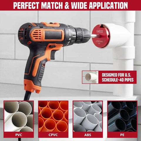 DIY Ready Durable Aluminum PVC Pipe Reamer Kit with Fitting Saver for Sch 40 CPVC ABS Plumbing in use with drill on pipe