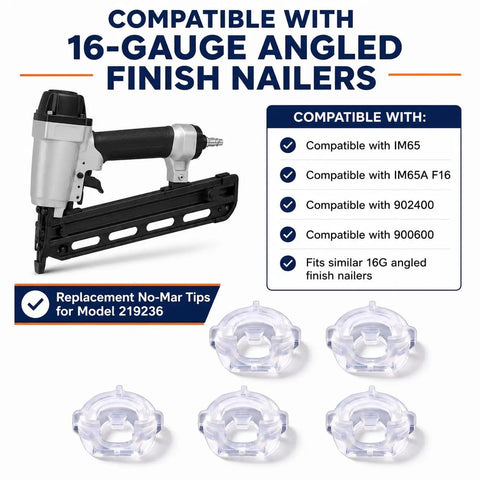 Heavy Duty 16 Gauge Angled Finish Nailer No Mar Rubber Tip Replacement Set, five clear rubber tips and nailer for woodworking.