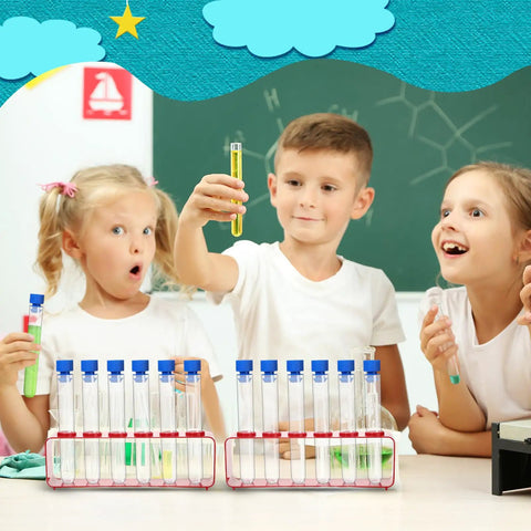 Children using Two Sets Clear Plastic Test Tubes With Rack And Caps 6-Hole Holder For Party Decor Science Experiments Shot Tubes