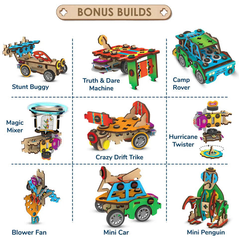 Spin N Go Twenty In One Mechanical Builder Kit For Kids Ages Six To Twelve With A Step By Step Guide Hands On STEM Fun Creative Toy Builds And Daily New Toy Projects For Boys And Girls. Bonus builds chart of wooden mechanical models