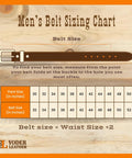 Men's belt sizing chart with belt size measurements, Yoder Leather brand, shows how to measure for accurate fit.