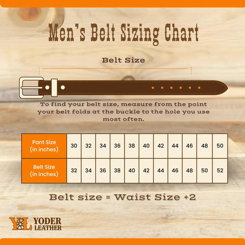 Men's belt sizing chart with belt size measurements, Yoder Leather brand, shows how to measure for accurate fit.
