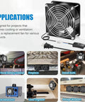 Axial 120mm Cooling Fan 12038, 110V AC, 120x120x38 mm High CFM Ventilation Replacement for Electronics and Projects shown with grill and plug.