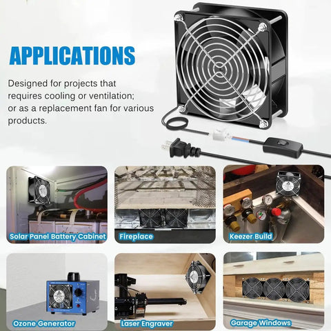 Axial 120mm Cooling Fan 12038, 110V AC, 120x120x38 mm High CFM Ventilation Replacement for Electronics and Projects shown with grill and plug.