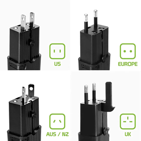 Dual Universal USB Travel Adapter For Worldwide Power And Charging Works With Motorola ROKR S9 Plug And Play Across 150 Countries Coverage Includes USA UK EU CN AU NZ Outlets All In One Travel Ready Power Adapter showing US, Europe, AUS/NZ, and UK plugs