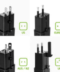 All In One Worldwide USB Travel Power Adapter With Dual USB Ports, Works For ROKR Z6w And More, Over 150 Countries Plug Converter For US UK EU CN AU NZ Outlets, Compact Travel Must Have For Every Trip, black