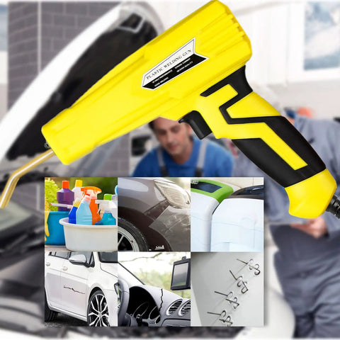 Upgraded 100W Hot Stapler Gun Plastic Welder Kit for car bumper repair with four hot wave flat staples shown in garage setting.
