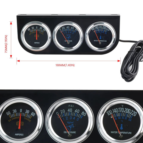 Bagaraatan 2'' chrome triple gauge kit with water temperature, oil pressure, and amps on black panel with wiring loom
