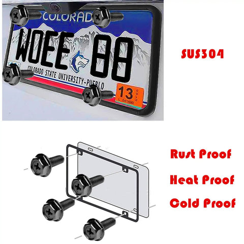 Stainless Steel Black License Plate Screws 4 Pack With M6 Flange Bolts Frame Fasteners And Washers for Cars and Trucks.