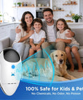 Family in living room with Upgraded 2026 Ultrasonic Pest Repeller emitting waves for indoor use, safe for kids and pets; plug in.