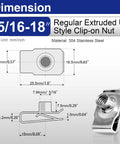 Dimension diagram of Twenty Piece 5 16 Inch 18 Thread Extruded U Clip Nuts 304 Stainless Steel Fasteners, showing measurements.