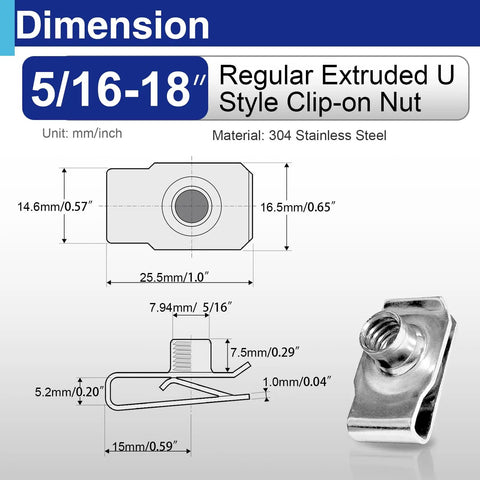 Dimension diagram of Twenty Piece 5 16 Inch 18 Thread Extruded U Clip Nuts 304 Stainless Steel Fasteners, showing measurements.