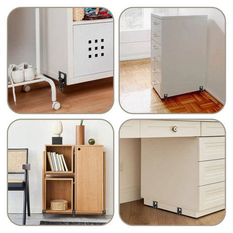 Eight Pack Adjustable Furniture Leveling Feet Set with 2.2 Inch L Shaped Levelers on various furniture pieces.