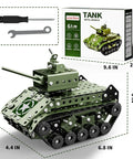 STEM Army Tank Building Kit With 284 Pieces For Kids Ages 7 To 16, showing assembled tank and box with dimensions