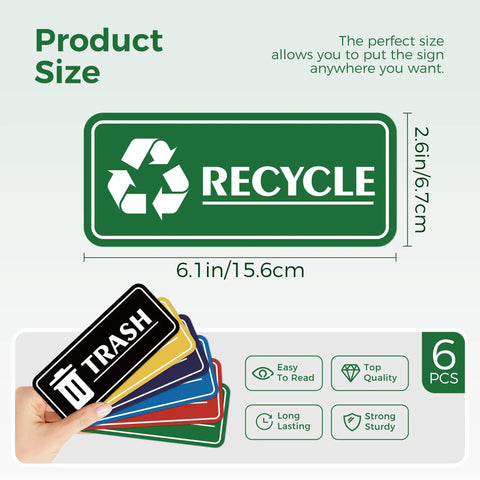 Set Of 6 Recycle Sign Stickers for Trash Bins Self Adhesive Waterproof Labels in various colors with 'Recycle' and 'Trash' shown