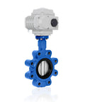 Rock Solid Heavy Duty 4 Inch Dn100 Lug Butterfly Valve With 110V Ac Electric Actuator, blue body and stainless steel disc.