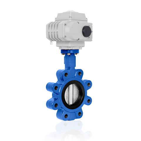 Rock Solid Heavy Duty 4 Inch Dn100 Lug Butterfly Valve With 110V Ac Electric Actuator, blue body and stainless steel disc.