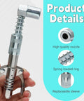 90 Degree Grease Gun Coupler Adapter in Carbon Steel, Beefed-Up Quick Connect, 3000-4500 PSI, Galvanized Finish shown in hand