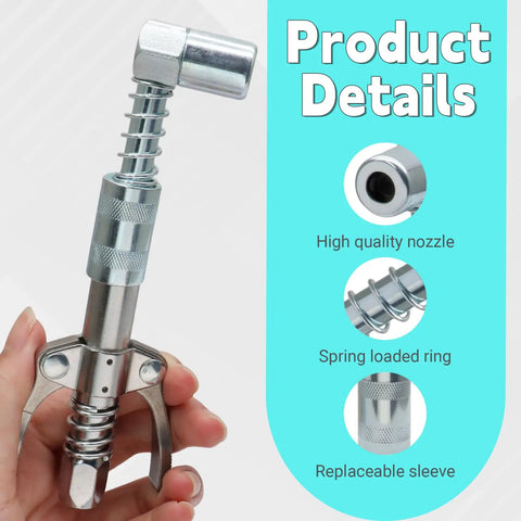 90 Degree Grease Gun Coupler Adapter in Carbon Steel, Beefed-Up Quick Connect, 3000-4500 PSI, Galvanized Finish shown in hand
