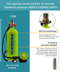 2.3L Scuba Tank For Refillable Diving Kit With 8mm Adapter, showing DOT certification and corrosion-resistant features
