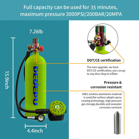 2.3L Scuba Tank For Refillable Diving Kit With 8mm Adapter, showing DOT certification and corrosion-resistant features