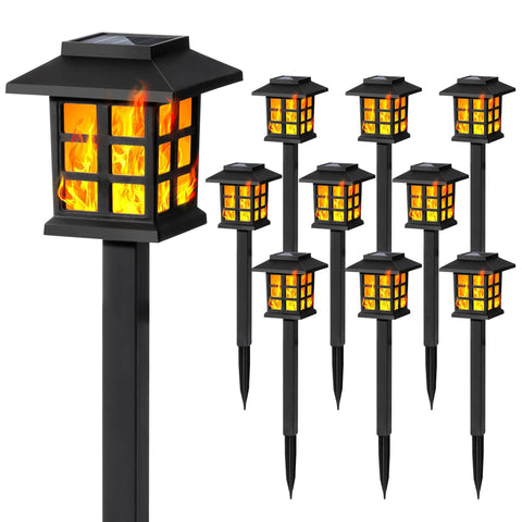 Outdoor Solar Torch Lights 10 Pack With Dope Flickering Flame, Waterproof solar powered tiki torches for garden patio decor