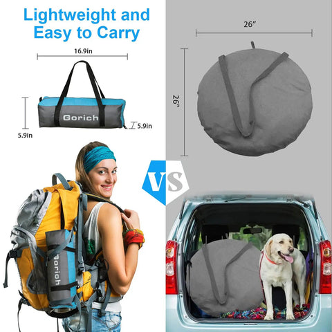 Comparison of Spacious Beach Tent Sun Shelter With UPF50 Plus UV Protection packed as a duffel alongside a dog in car trunk.
