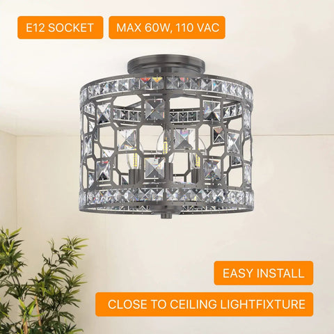 Crystal Decor Semi Flush Mount Ceiling Light Fixture In Modern Farmhouse Style, Easy Install For Bedroom, Dining Room, Hallway, And Living Areas, Elegant Glass Crystals, Classic Design, 11.8 Inch Diameter