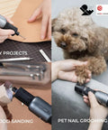 Badass Sixty Piece Rotary Tool Accessory Crate For One Eighth And Three Thirty Two Shafts Built For Sanding Grinding Cutting Drilling Carving Polishing On Every Sick Diy Hack Or Garage Workshop Build, shown in use for DIY projects, wood sanding, and pet nail grooming.