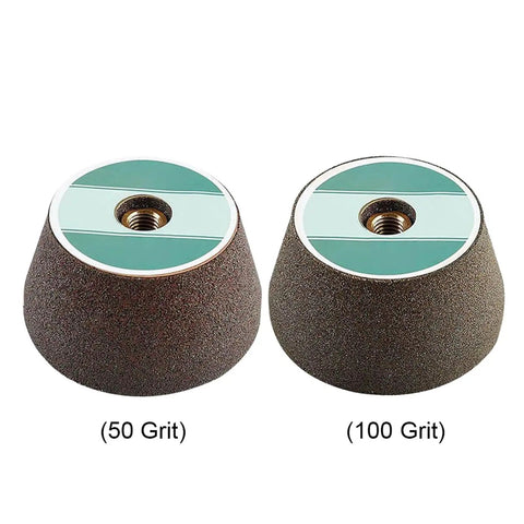 Heavy Duty Emery Buffing Wheel For Tile Granite Stone Marble Ceramic Carving And Polishing With Thickened Abrasive Sanding Disc Angle Grinder Tool Super Durable And High Performance 100 Grit and 50 Grit wheels side by side.