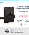 Latitude Lever Lock With Century Trim Keyed Entry In Aged Bronze, front view displaying lockset and lever handle, aged bronze finish.