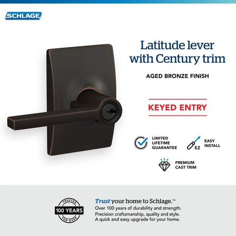Latitude Lever Lock With Century Trim Keyed Entry In Aged Bronze, front view displaying lockset and lever handle, aged bronze finish.