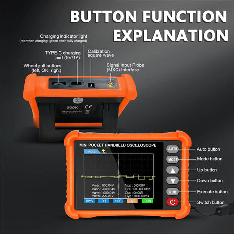 Front view of Handheld Oscilloscope With Probe Kit showing button functions and 2.8 inch TFT screen, Portable Pro Grade Lab Scope For Cars.
