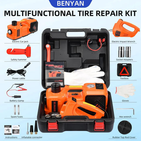 5 Ton 12V Electric Hydraulic Car Jack Kit 5 In 1 Portable Lift With Tire Inflator, Impact Wrench, LED Light, Auto Stop Safety Lock For SUV And MPV displayed in a black toolbox