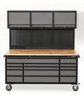 Top Tier 72 Inch Rolling Tool Chest 79 Inches Tall Features 14 Smooth Drawers 3 Cabinets Pegboard Back For Badass Garage Organization heavy duty mobile workshop storage.